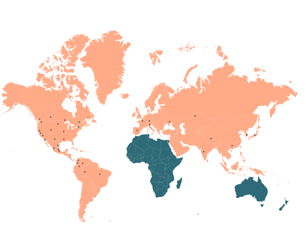 World map highlighting GroTech presence across North America, LATAM, Europe, and beyond