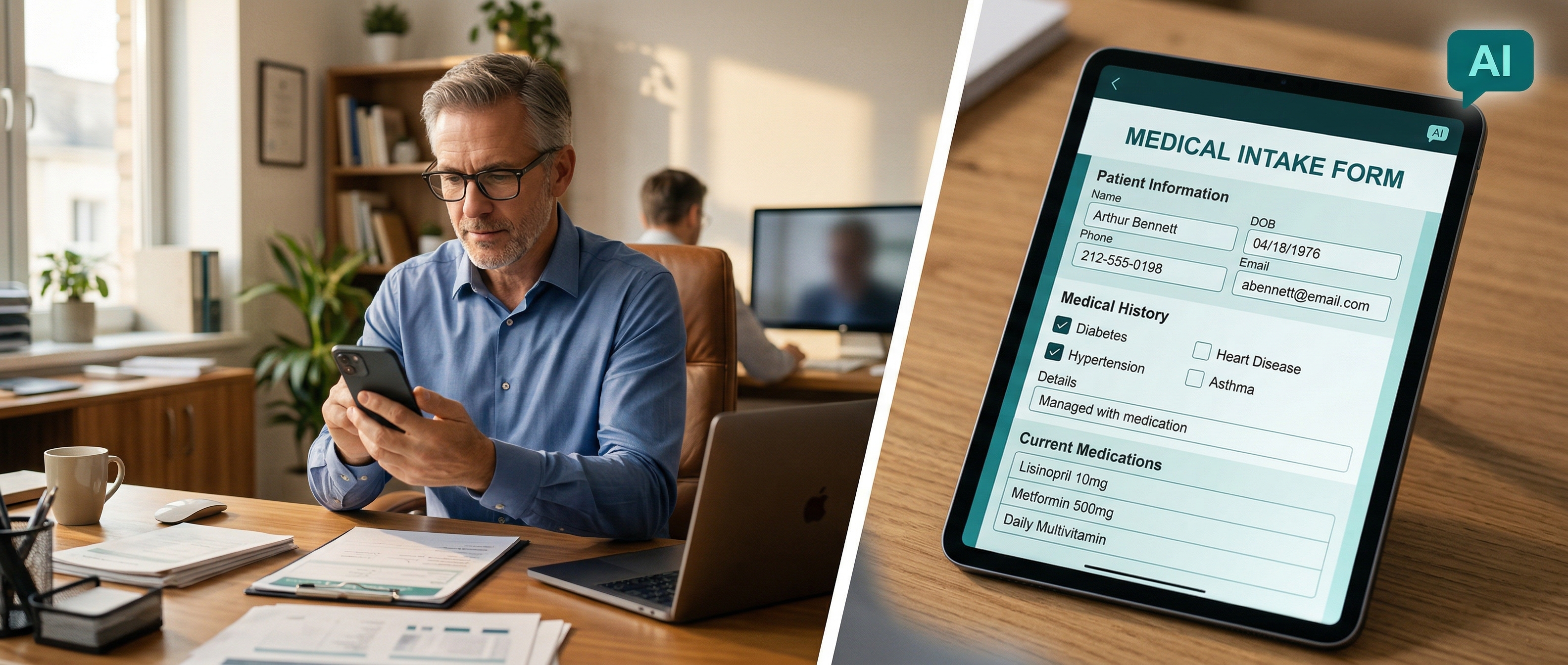 AI Patient Intake — businessman filling out medical intake form on phone