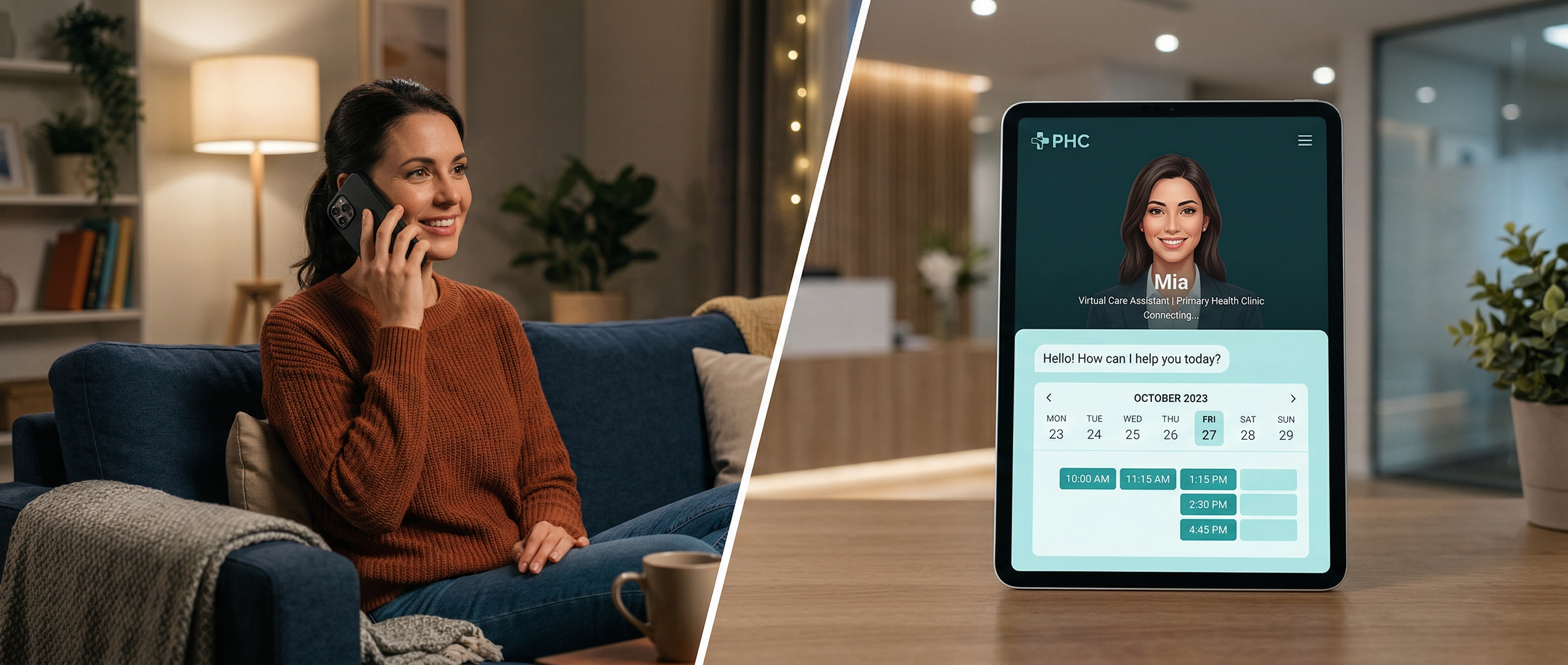 AI Receptionist — patient calling from home, AI answering on tablet