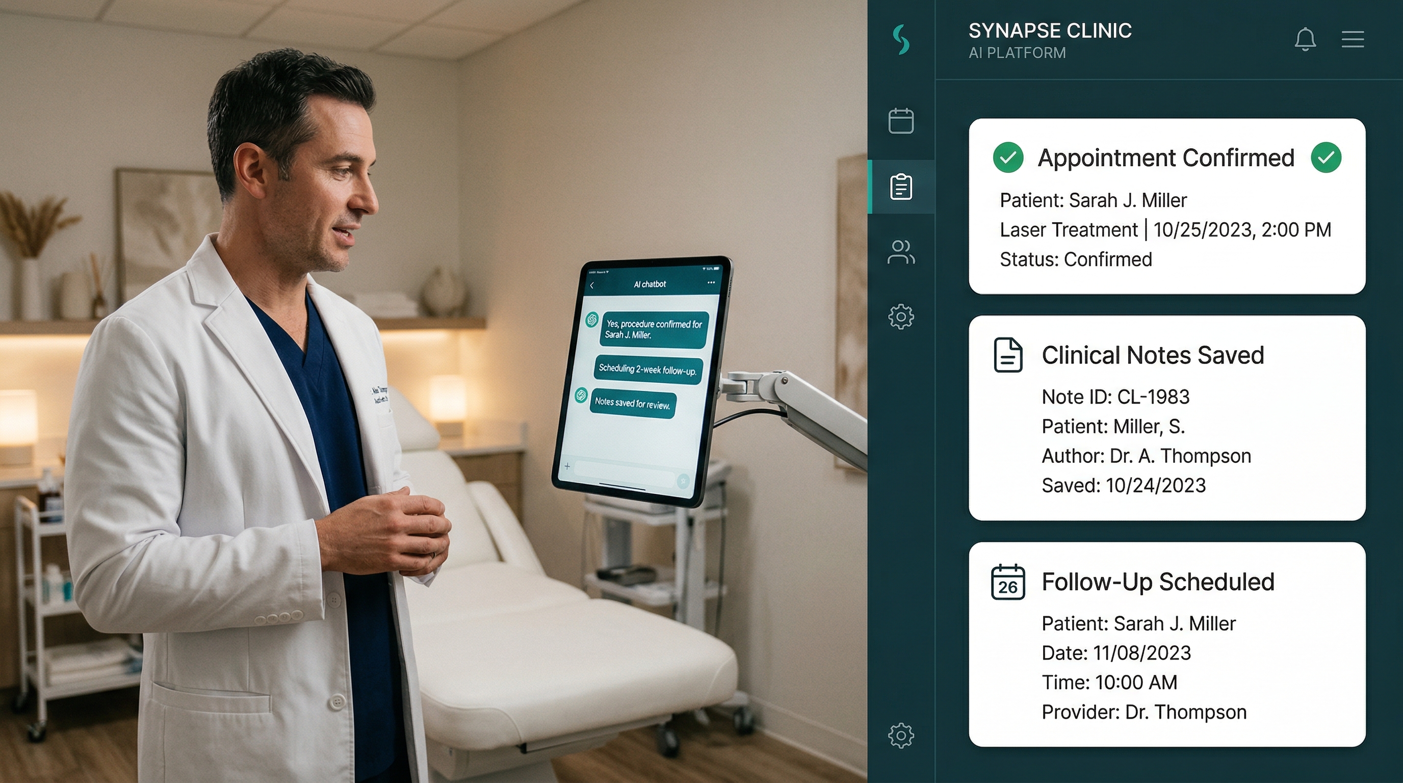 Doctor in treatment room talking to wall-mounted AI iPad, with AI task cards on laptop