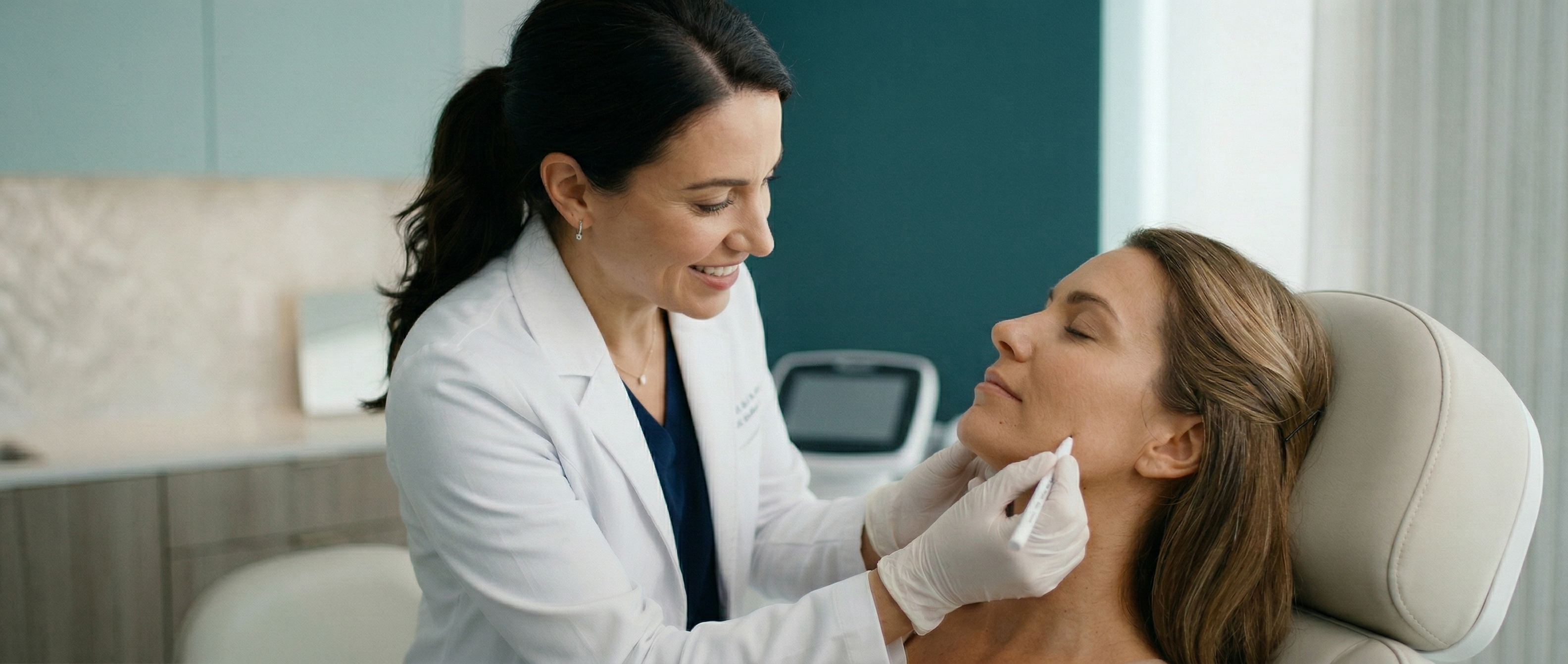 Aesthetic doctor examining patient with surgical marking pen