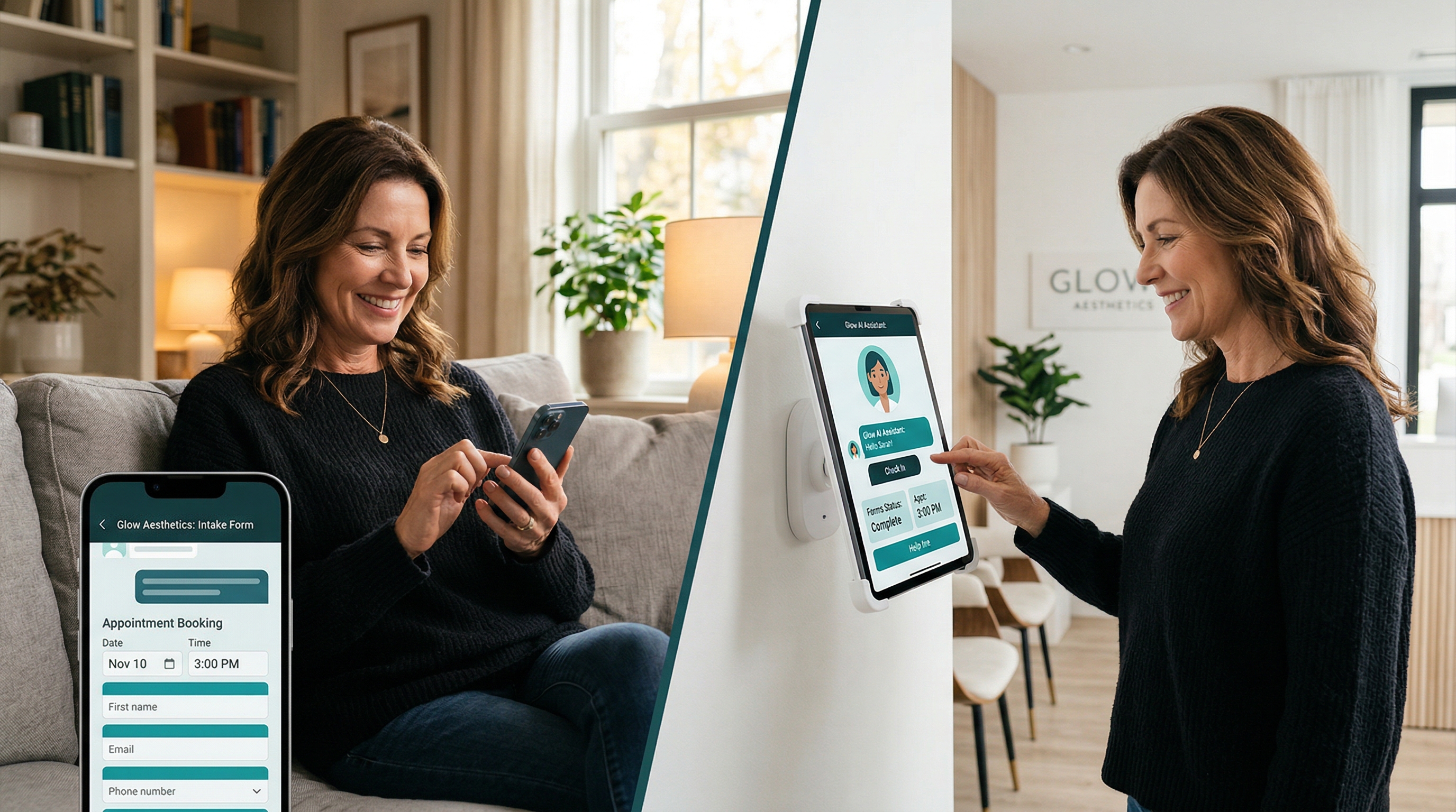 Patient at home doing intake on phone, then in clinic using wall-mounted AI iPad